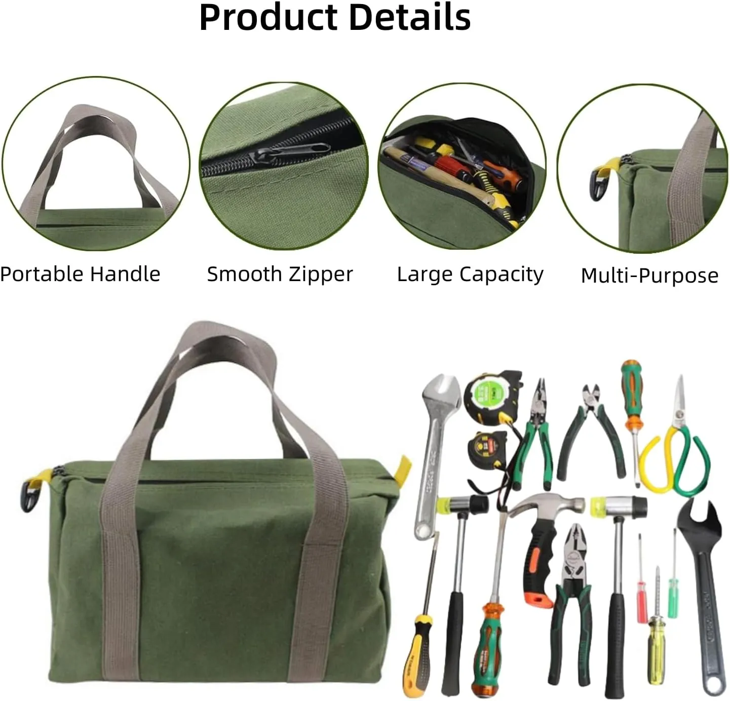 12 Inch Canvas Wide Mouth Tool Bag, Large Capacity Tool Storage Bags for Men, Small Tool Pouch, Tool Organizer Tote Bag for Storage Wrenches Pliers Tools (Green - 12 inch)
