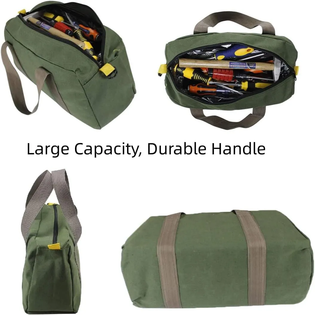 12 Inch Canvas Wide Mouth Tool Bag, Large Capacity Tool Storage Bags for Men, Small Tool Pouch, Tool Organizer Tote Bag for Storage Wrenches Pliers Tools (Green - 12 inch)