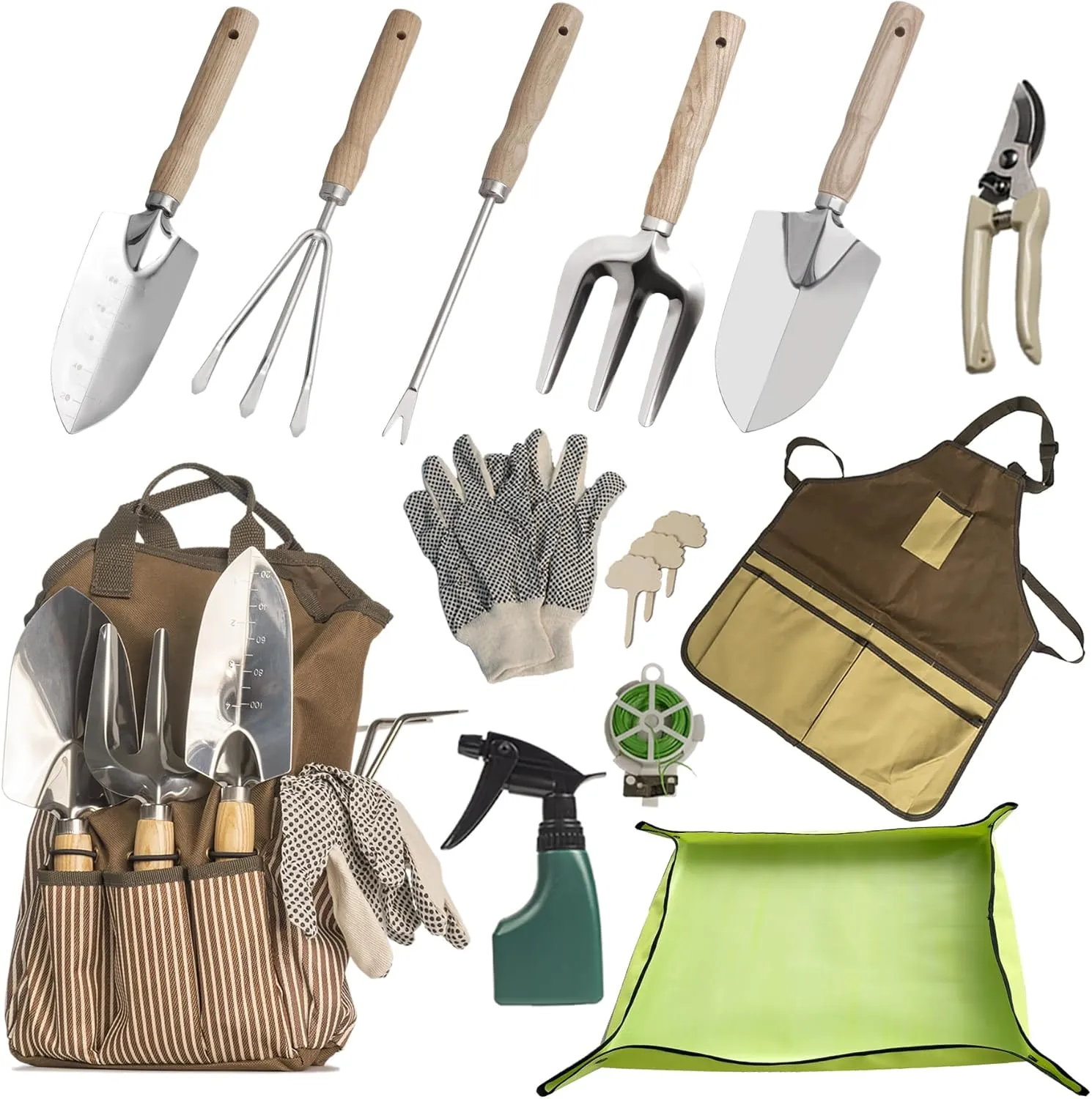 13-Piece Garden Tools Set with Tote Bag & Apron, Repotting Mat - Stainless Steel Heavy Duty Planting Kit, Ergonomic Non-Slip Handles - Gardening Gift for Women, Mom, Home Gardeners