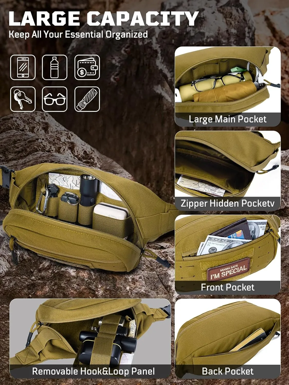 1TG Fanny Pack for Men, Waist Bag Crossbody Bag Sling Bag Waist Pack for Hiking Running Hunting Fitness Yoga Dog Walking Travel
