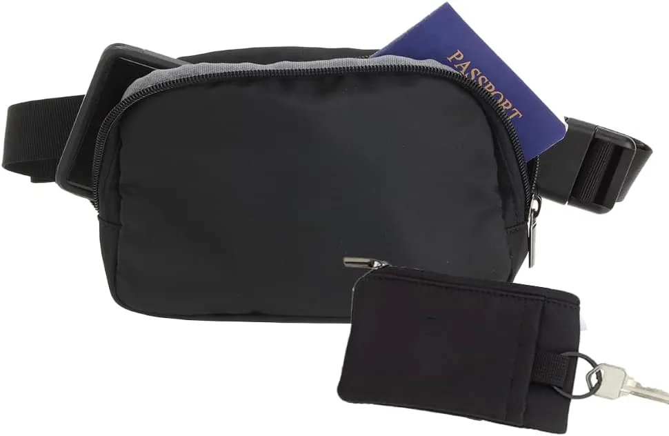 Anywhere Belt Bag with Adjustable Strap Small Waist Pouch for Running Travelling Hiking Shopping with BONUS Black Key Wallet (Jet Black)