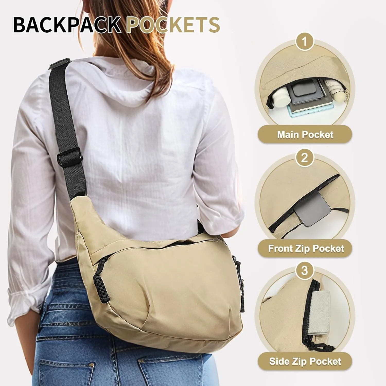Arch Moon Crossbody Bag for Women, Nylon Curved Purse, Lightweight Dumpling Shoulder Sling Bag for Travel Casual