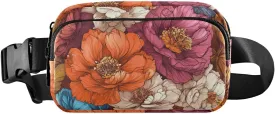 Autumn Flowers Peonies Cherry Blossom Carnation Brown Stylish Crossbody Bag Waist Packs for Women Men Waterproof Sling Chest Bags with Adjustable Strap for Travel Vacation Running