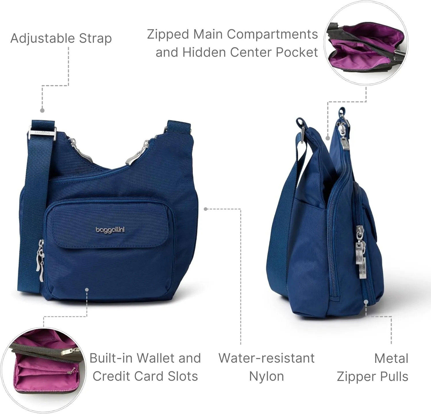 Baggallini Criss Cross 10x11 Crossbody Women Lightweight Water-Resistant Nylon Travel Bag W/RFID & Quick Access Pockets