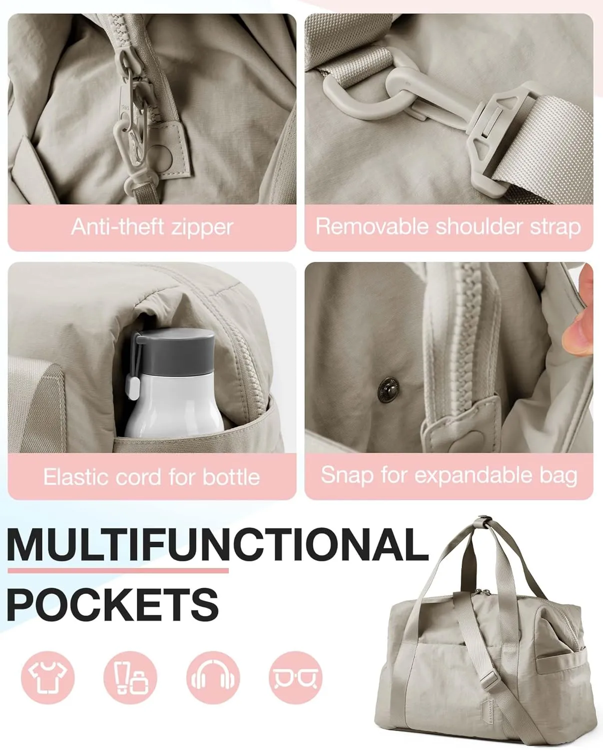 BAGSMART BAGSMART Gym Bag for Women, Carry on Weekender Overnight Bag, Travel Duffel Bags with Trolley Sleeve, Personal Item Travel Bag Tote Bag Workout Dance Bag(Beige-Large)