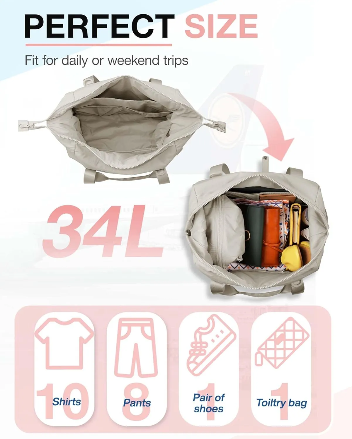 BAGSMART BAGSMART Gym Bag for Women, Carry on Weekender Overnight Bag, Travel Duffel Bags with Trolley Sleeve, Personal Item Travel Bag Tote Bag Workout Dance Bag(Beige-Large)