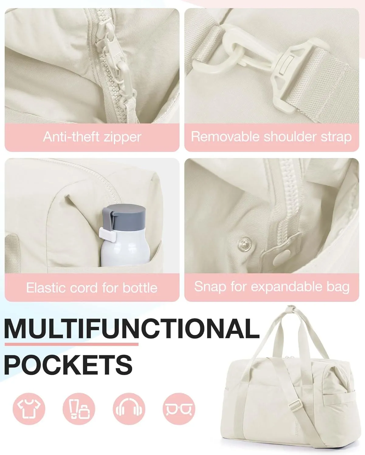 BAGSMART BAGSMART Gym Bag for Women, Carry on Weekender Overnight Bag, Travel Duffel Bags with Trolley Sleeve, Personal Item Travel Bag Tote Bag Workout Dance Bag(Light Beige-Large)