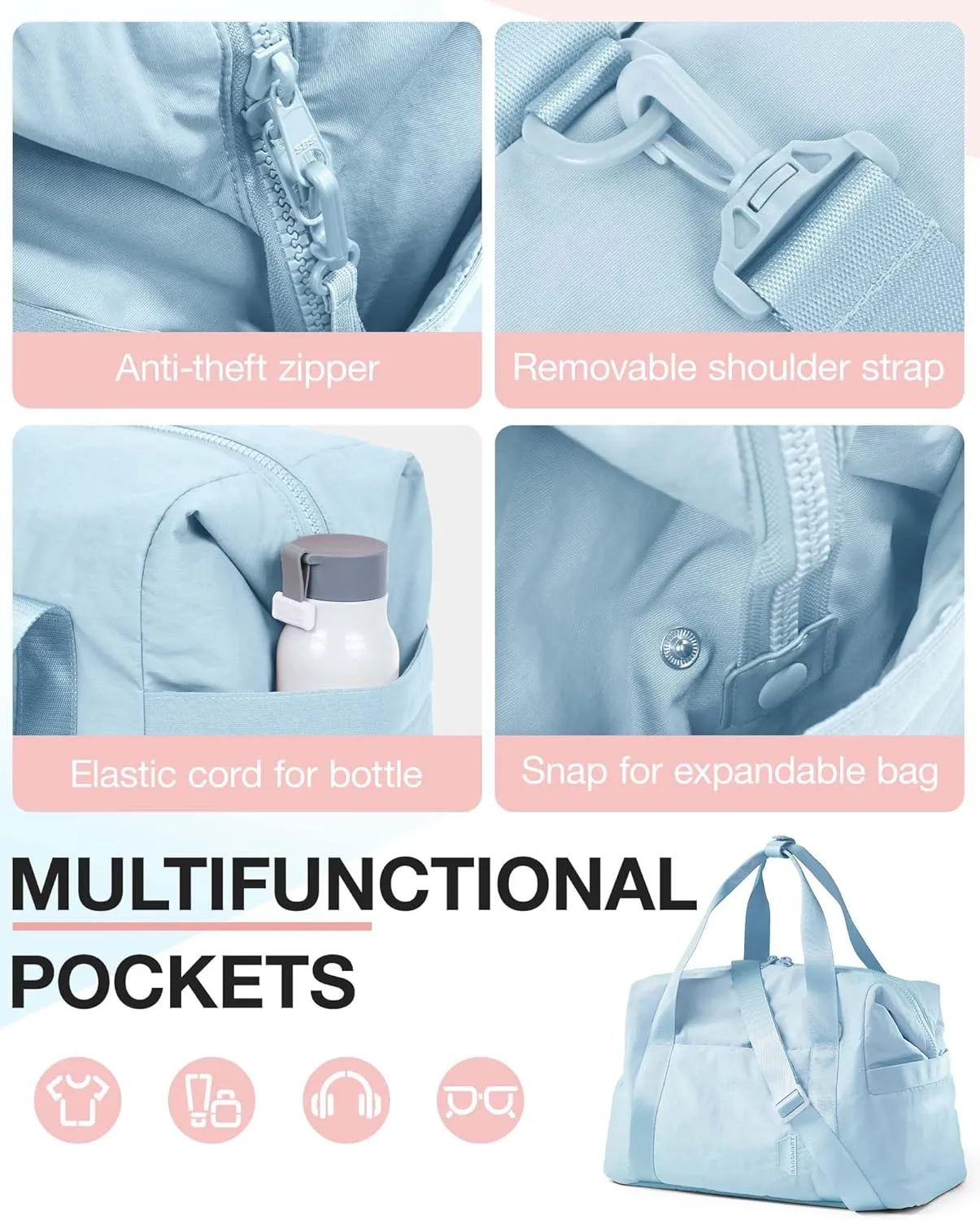 BAGSMART BAGSMART Gym Bag for Women, Carry on Weekender Overnight Bag, Travel Duffel Bags with Trolley Sleeve, Personal Item Travel Bag Tote Bag Workout Dance Bag(Light Blue-Large)