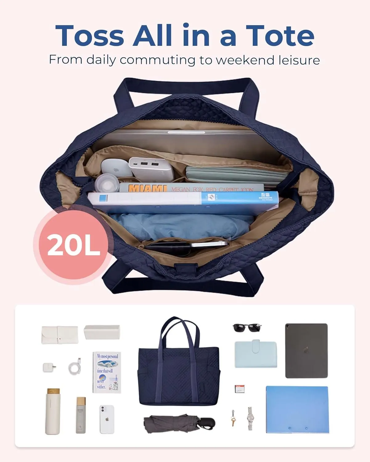 BAGSMART Large Tote Bag For Women, Travel Shoulder Bag Top Handle Handbag with Yoga Mat Buckle for Gym, Work, Travel