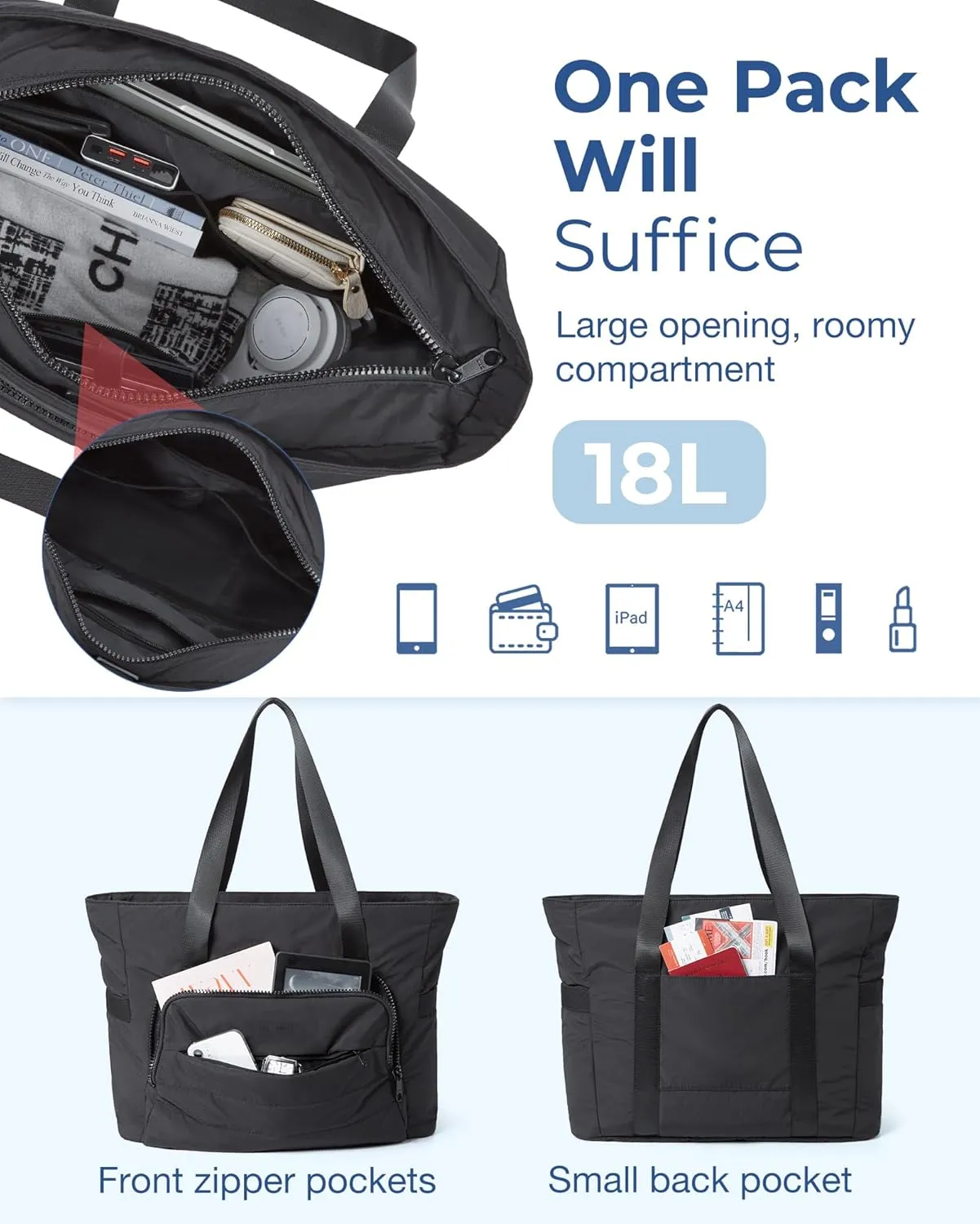 BAGSMART Quilted Tote Bag with Compartments and Yoga Mat Strap, Lightweight Large Shoulder Bag for Travel Work Gym