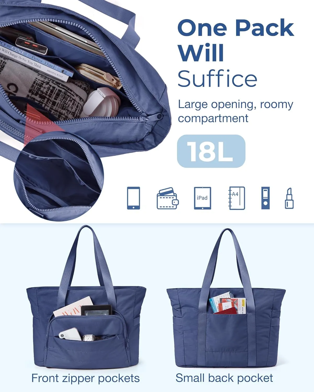 BAGSMART Quilted Tote Bag with Compartments and Yoga Mat Strap, Lightweight Large Shoulder Bag for Travel Work Gym