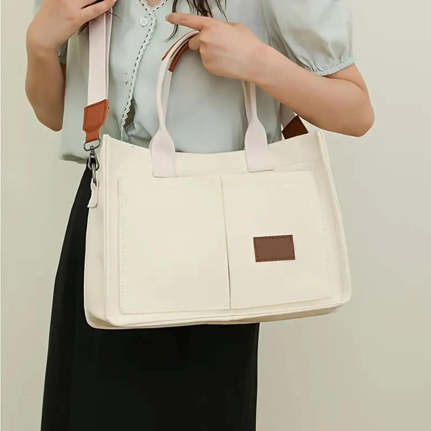Canvas Bags For Women Solid Color Large Capacity Exterior Pockets Ladies Bag Laundry Messenger Tote Bags