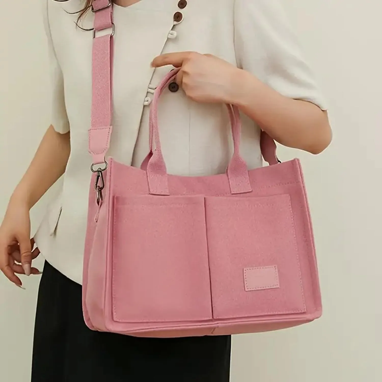 Canvas Bags For Women Solid Color Large Capacity Exterior Pockets Ladies Bag Laundry Messenger Tote Bags