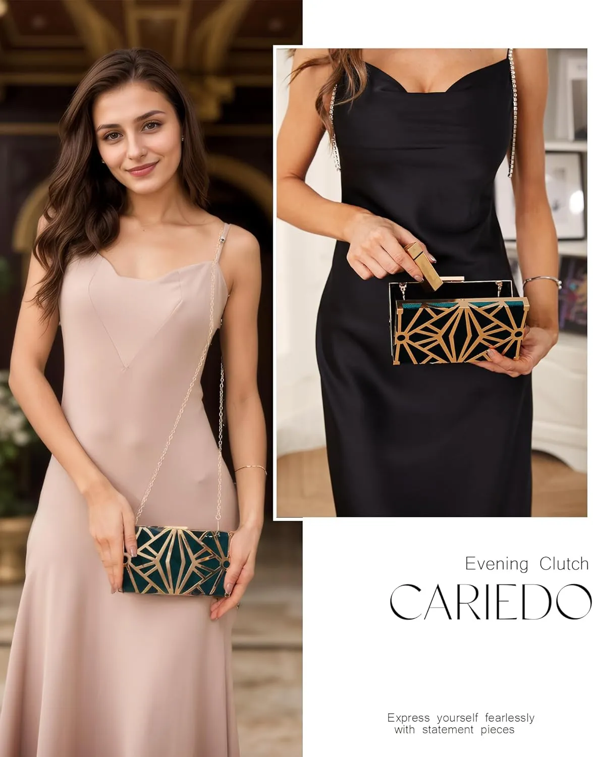 CARIEDO Women Evening Bag Elegant Clutch Purse Exquisite Velvet Metal Hollow out Handbags Prom Wedding Party (black)