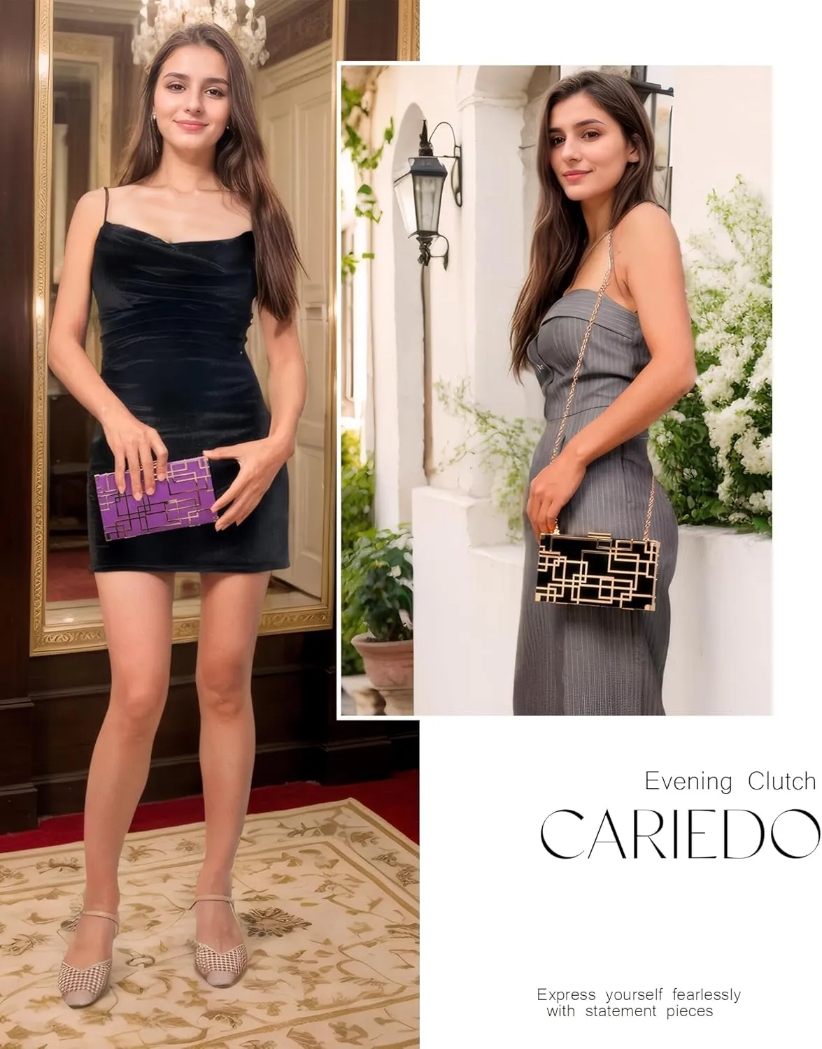 CARIEDO Women Evening Bag Elegant Clutch Purse Exquisite Velvet Metal Hollow out Handbags Prom Wedding Party (black)