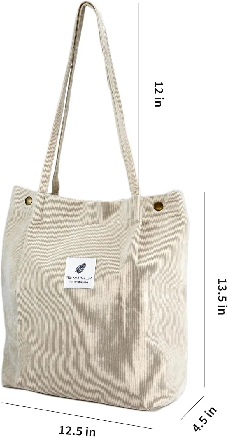 Corduroy Tote Bag Cute Tote Bags for Women Shoulder Bag with Inner Pocket for Work Beach Travel and Shopping Grocery
