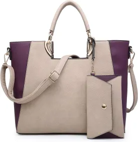 Dasein Women Two Tone Handbag Purse Top Handle Shoulder Bag Tote Hobo Work Bag w/Matching Clutch