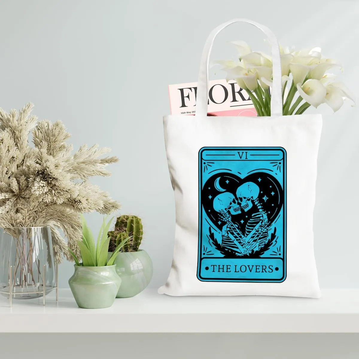 Decohim Funny Skull Tarot Card Sarcastic Canvas Tote Bag Grocery Bags Witchy Gifts for Women Halloween Birthday Christmas