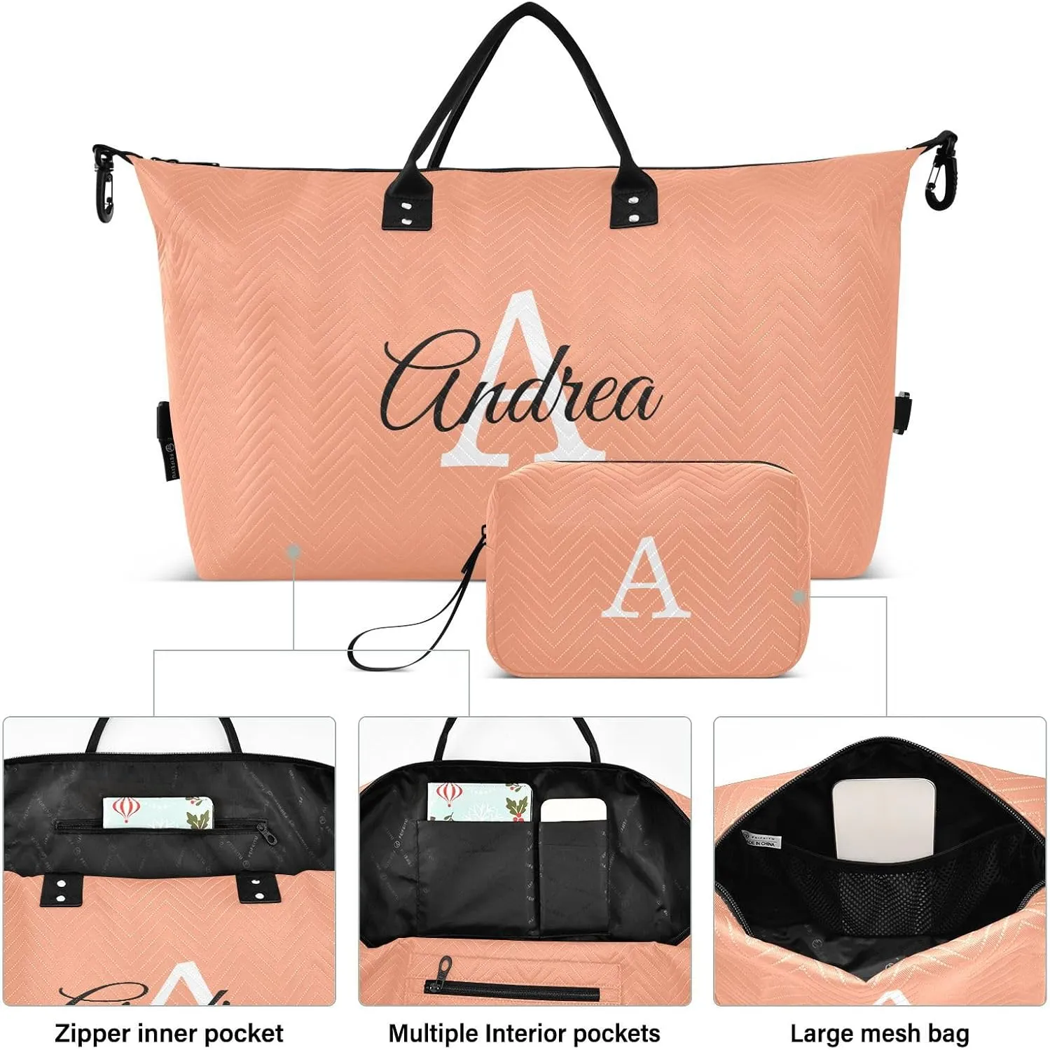 DOMIKING Light Salmon Personalized Duffel Bag Foldable Weekender Bag Overnight Bags for Women Men Custom Gym Bag with Toiletry Bag for Yoga Business Travel, 2 Pcs