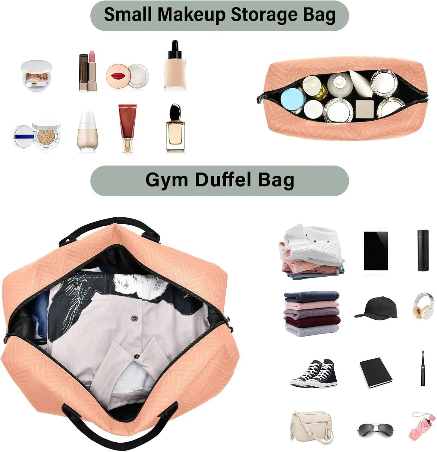 DOMIKING Light Salmon Personalized Duffel Bag Foldable Weekender Bag Overnight Bags for Women Men Custom Gym Bag with Toiletry Bag for Yoga Business Travel, 2 Pcs