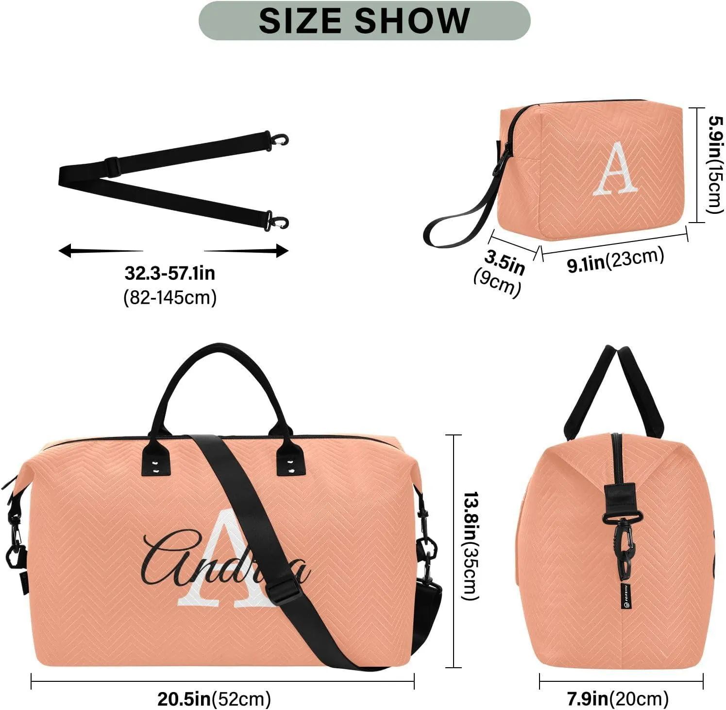 DOMIKING Light Salmon Personalized Duffel Bag Foldable Weekender Bag Overnight Bags for Women Men Custom Gym Bag with Toiletry Bag for Yoga Business Travel, 2 Pcs