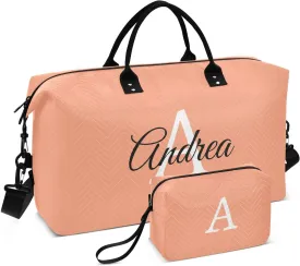 DOMIKING Light Salmon Personalized Duffel Bag Foldable Weekender Bag Overnight Bags for Women Men Custom Gym Bag with Toiletry Bag for Yoga Business Travel, 2 Pcs