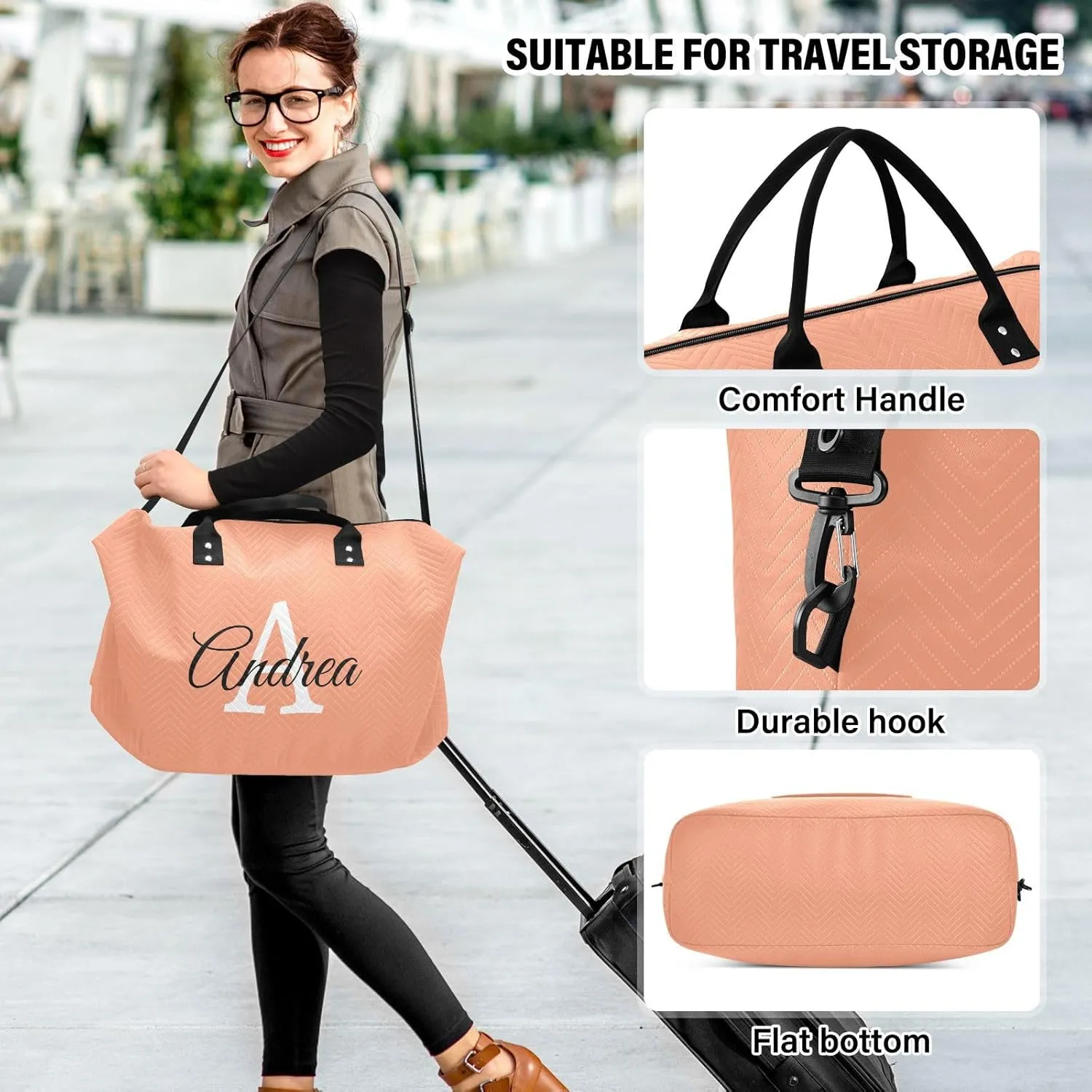 DOMIKING Light Salmon Personalized Duffel Bag Foldable Weekender Bag Overnight Bags for Women Men Custom Gym Bag with Toiletry Bag for Yoga Business Travel, 2 Pcs