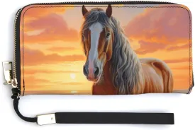 Draft Horse Beach Sunset PU Leather Clutch Long Bifold Wallet, Coin Purse Credit Pass Case, Durable Card-Holder Money Storage for Women Men