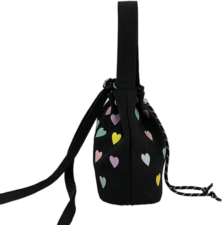 Drawstring Shoulder Bag Embroidered Canvas Bucket Bag Crossbody Bucket Bag Purse