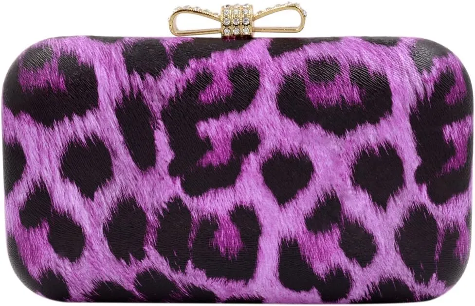 Elegant Leopard PU Leather Crystal Bow Top Hard Clutch Evening Bag Handbag