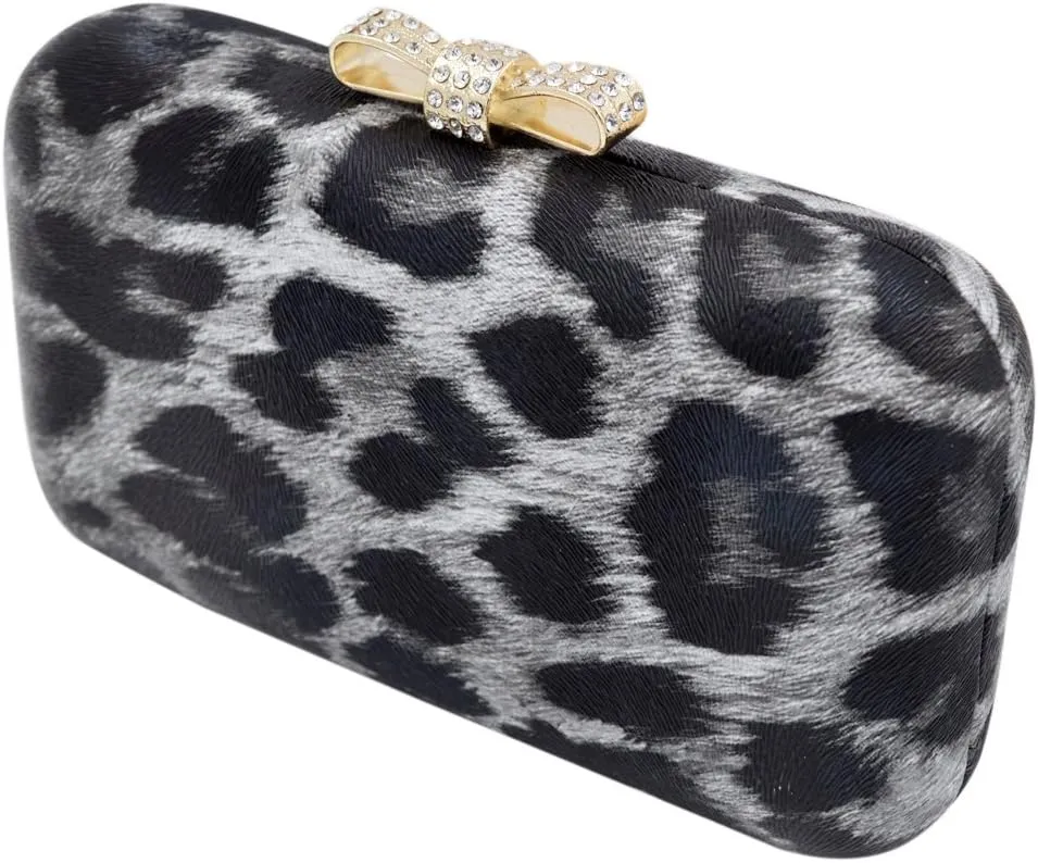 Elegant Leopard PU Leather Crystal Bow Top Hard Clutch Evening Bag Handbag