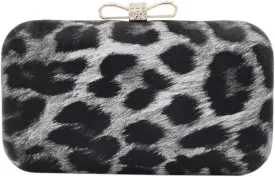 Elegant Leopard PU Leather Crystal Bow Top Hard Clutch Evening Bag Handbag