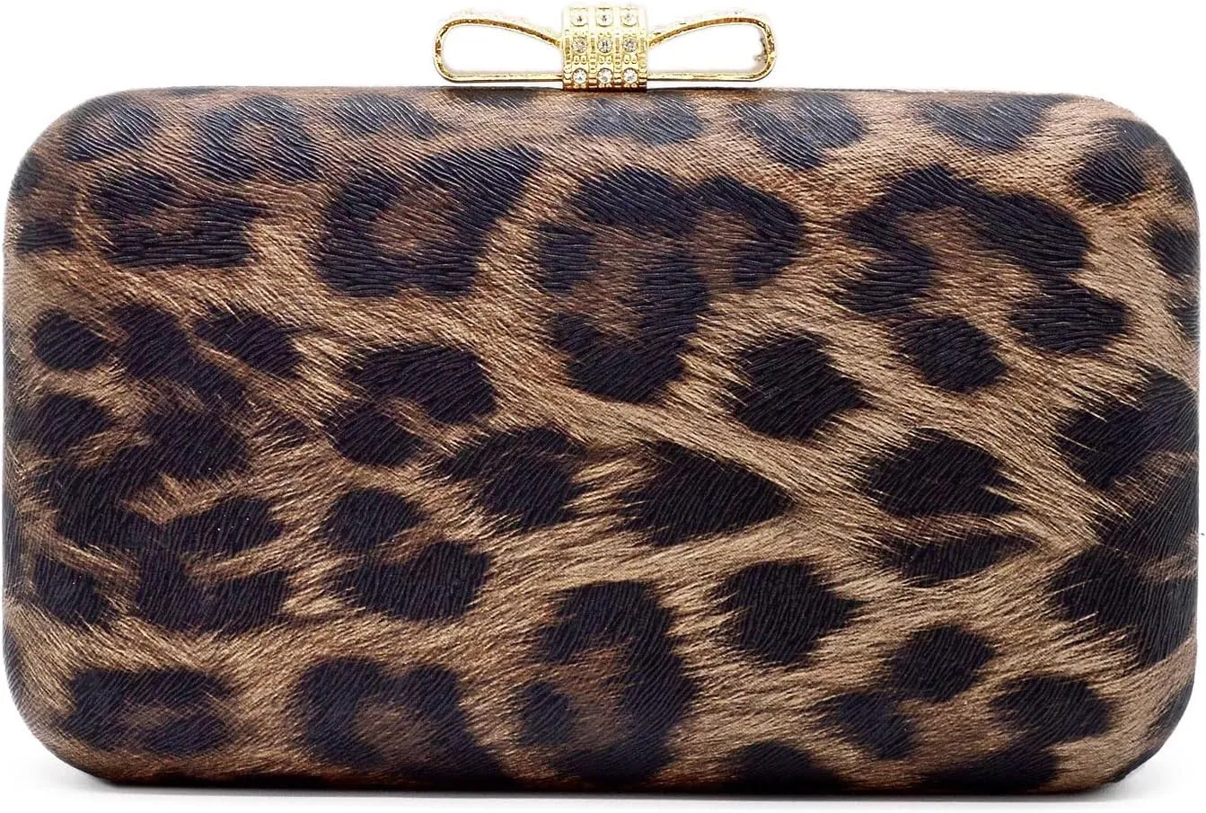 Elegant Leopard PU Leather Crystal Bow Top Hard Clutch Evening Bag Handbag