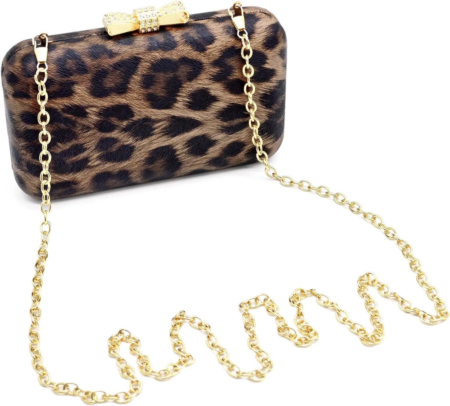 Elegant Leopard PU Leather Crystal Bow Top Hard Clutch Evening Bag Handbag