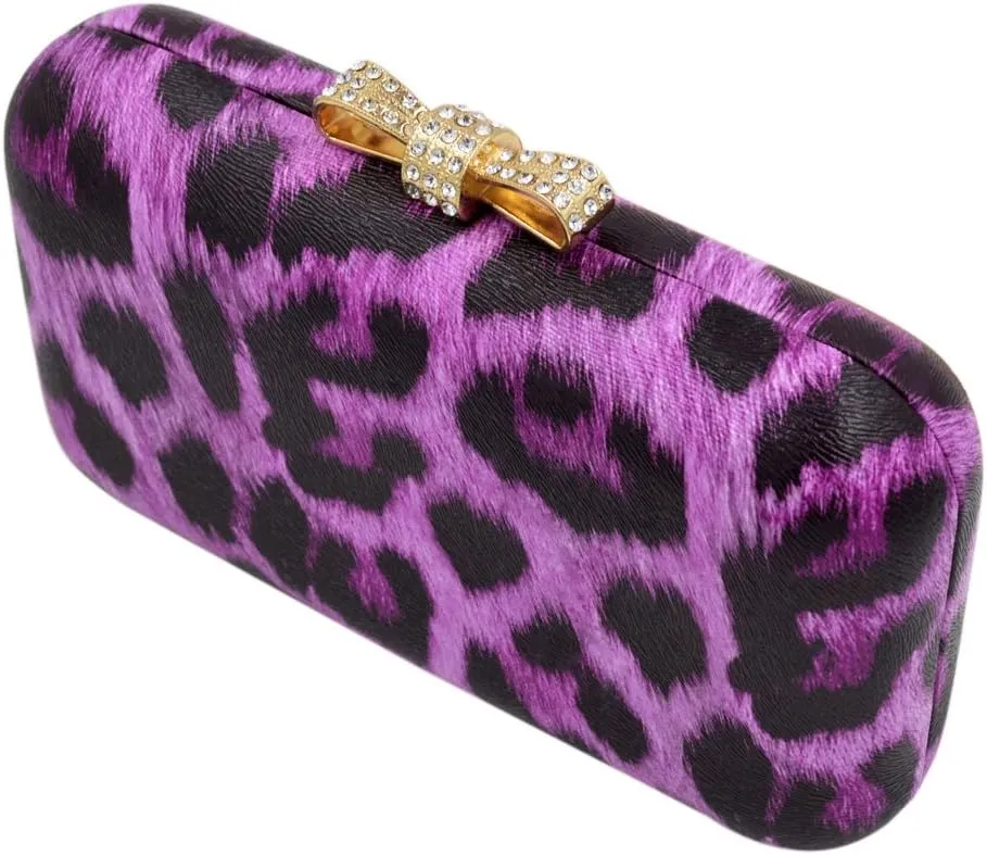 Elegant Leopard PU Leather Crystal Bow Top Hard Clutch Evening Bag Handbag