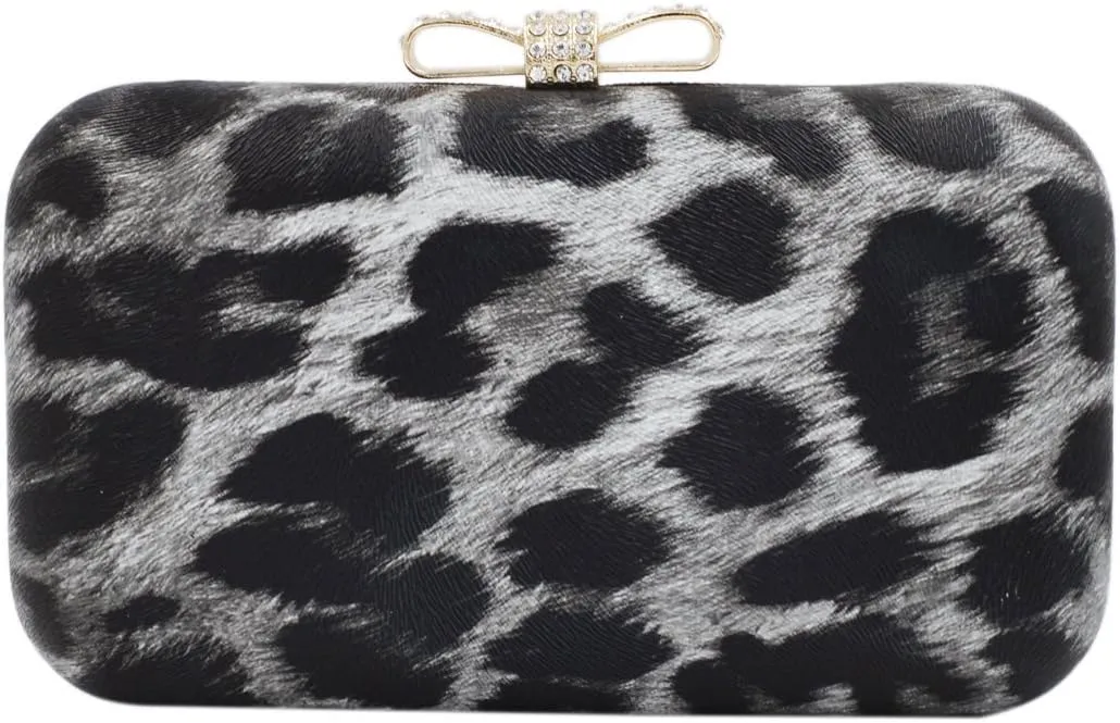 Elegant Leopard PU Leather Crystal Bow Top Hard Clutch Evening Bag Handbag