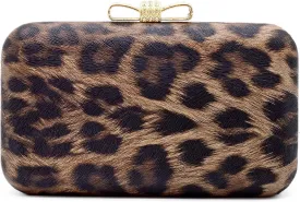 Elegant Leopard PU Leather Crystal Bow Top Hard Clutch Evening Bag Handbag