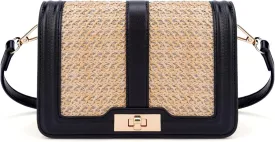 FALETO Straw Crossbody Bags for Women Summer Leather Stitching Straw Flap Bag Handbag Shoulder Clutch Purse