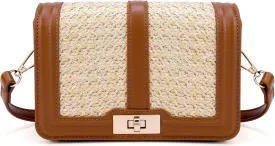 FALETO Straw Crossbody Bags for Women Summer Leather Stitching Straw Flap Bag Handbag Shoulder Clutch Purse