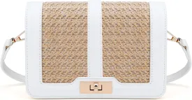 FALETO Straw Crossbody Bags for Women Summer Leather Stitching Straw Flap Bag Handbag Shoulder Clutch Purse