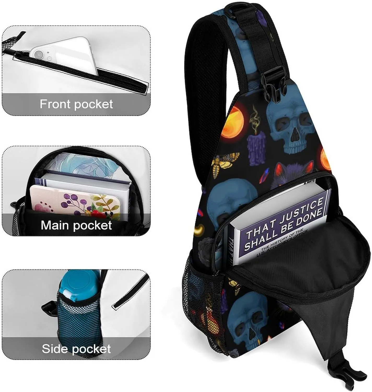 Goth Moon Black Cat Raven Skull Single Shoulder Large Capacity Chest Bag Suitable for Outdoor Travel Unisex