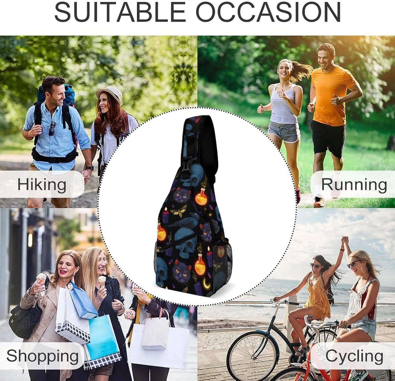 Goth Moon Black Cat Raven Skull Single Shoulder Large Capacity Chest Bag Suitable for Outdoor Travel Unisex