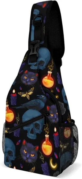 Goth Moon Black Cat Raven Skull Single Shoulder Large Capacity Chest Bag Suitable for Outdoor Travel Unisex