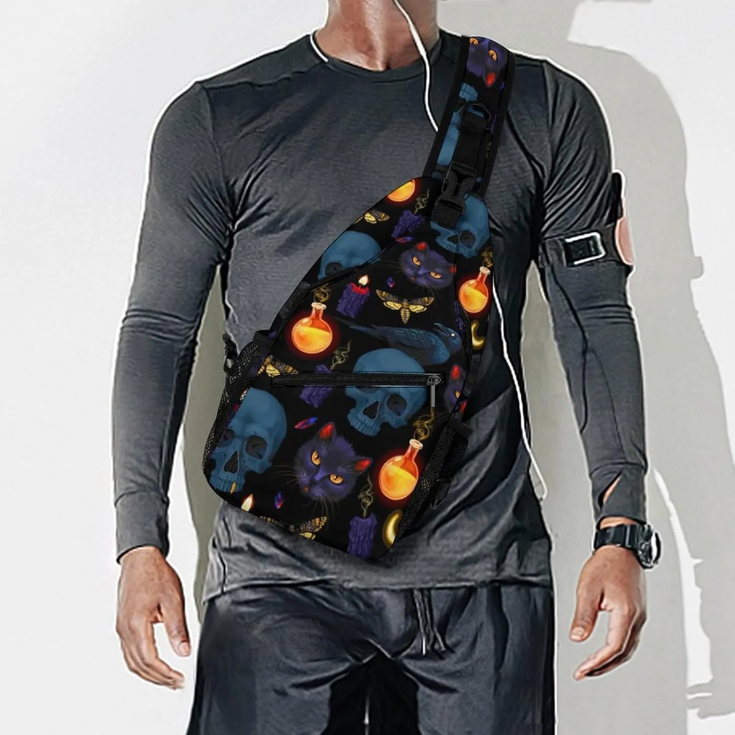 Goth Moon Black Cat Raven Skull Single Shoulder Large Capacity Chest Bag Suitable for Outdoor Travel Unisex