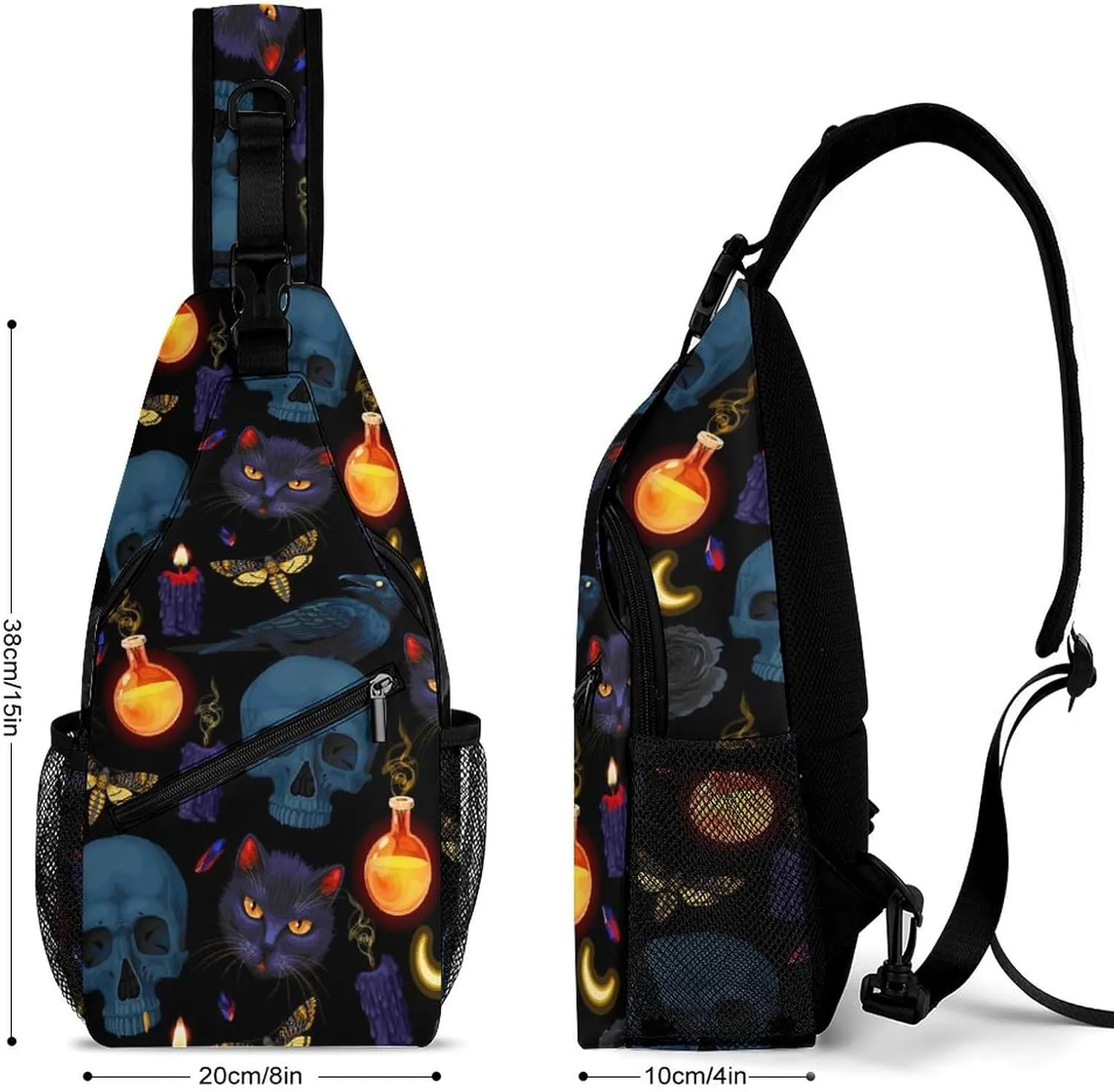 Goth Moon Black Cat Raven Skull Single Shoulder Large Capacity Chest Bag Suitable for Outdoor Travel Unisex