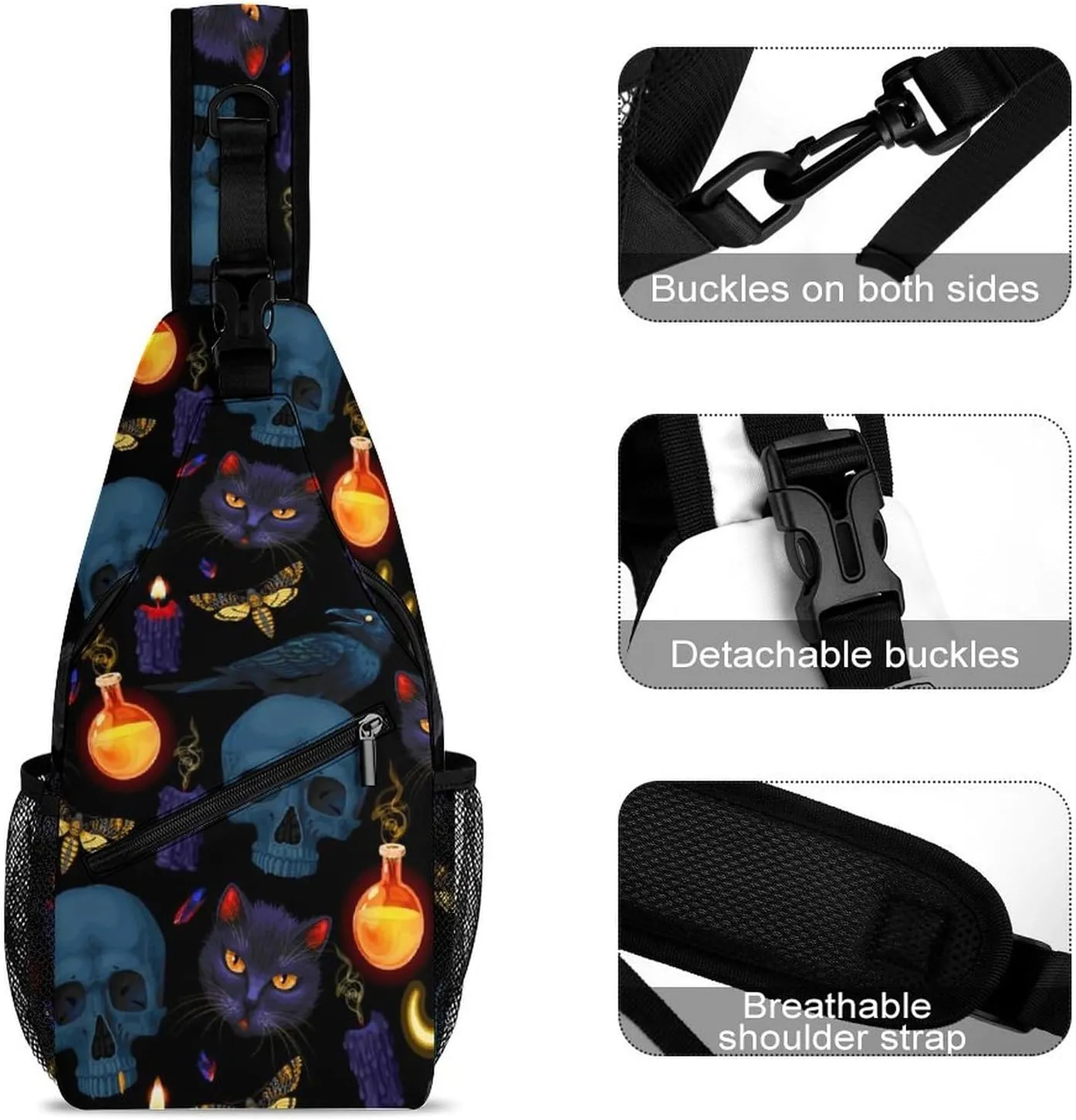 Goth Moon Black Cat Raven Skull Single Shoulder Large Capacity Chest Bag Suitable for Outdoor Travel Unisex