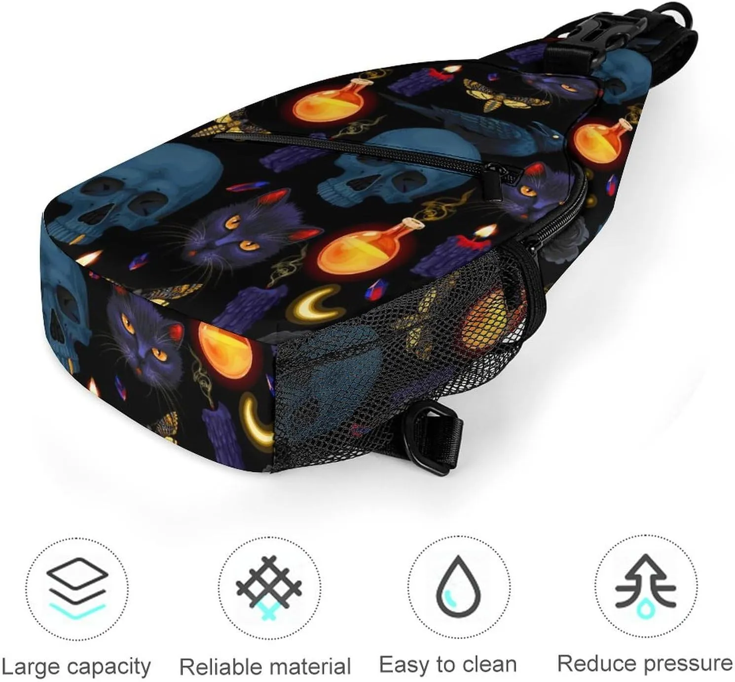 Goth Moon Black Cat Raven Skull Single Shoulder Large Capacity Chest Bag Suitable for Outdoor Travel Unisex