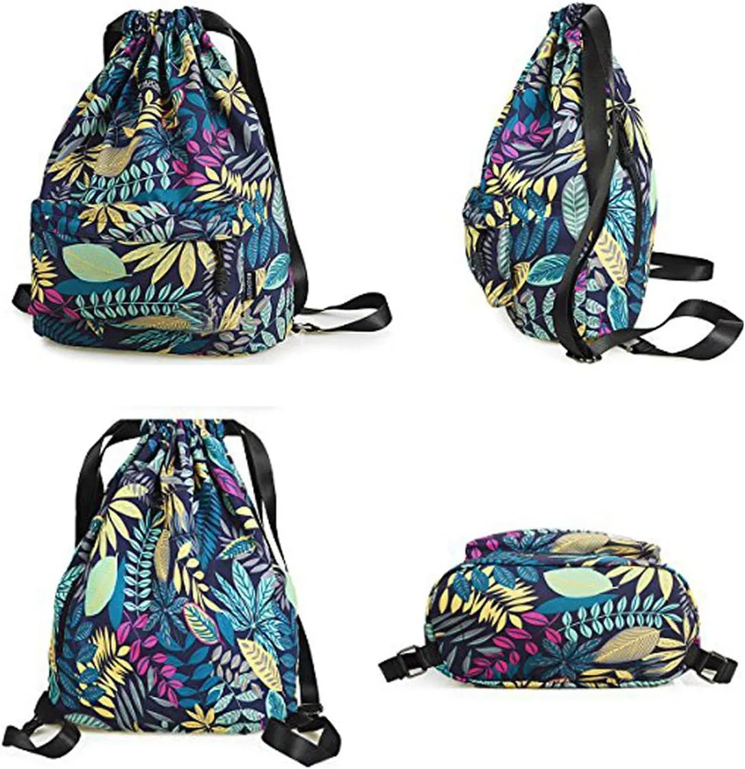 Gym Drawstring Backpack Water Resistant String Bag Nylon Cinch Sport Bag Leaf Sackpack