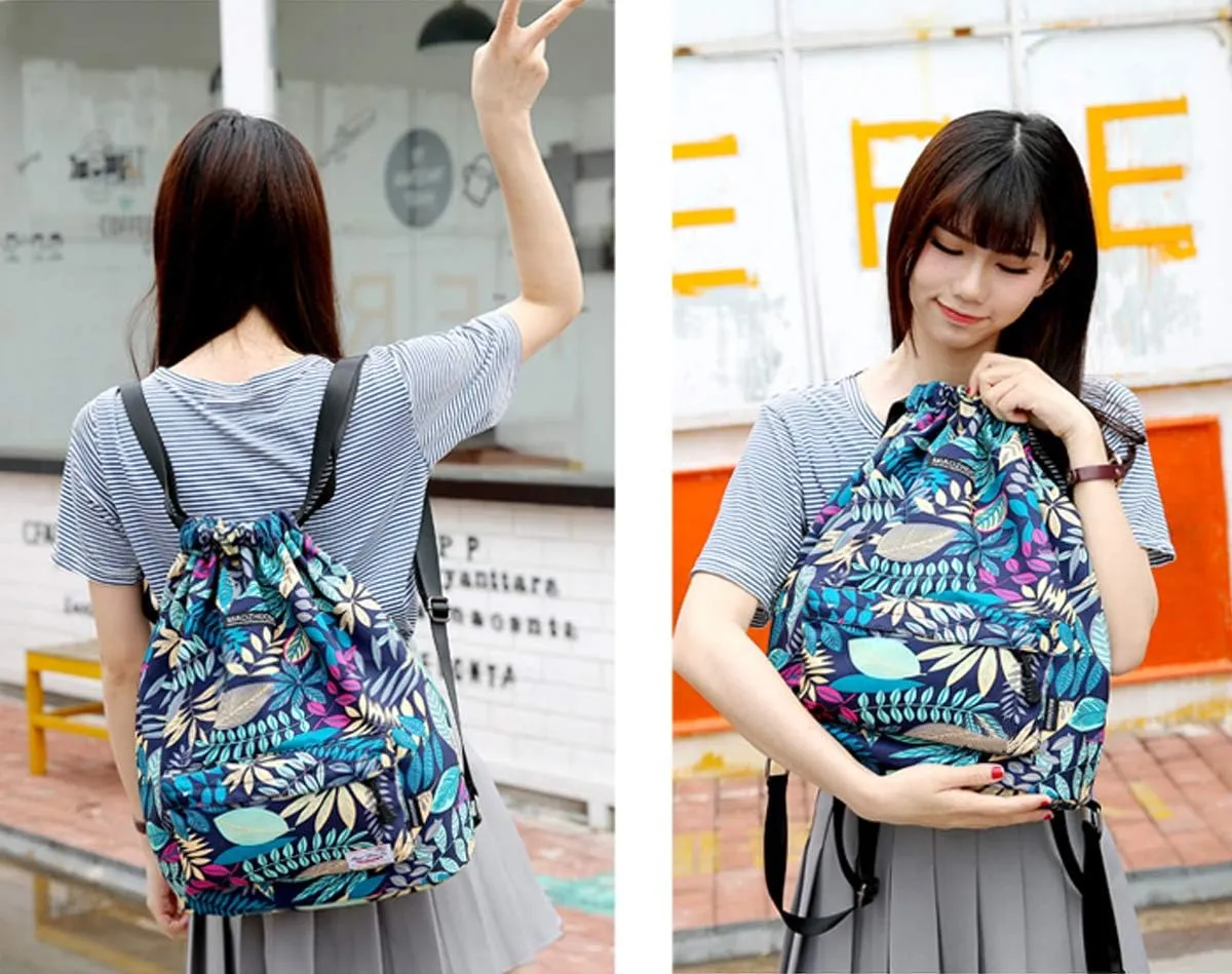 Gym Drawstring Backpack Water Resistant String Bag Nylon Cinch Sport Bag Leaf Sackpack