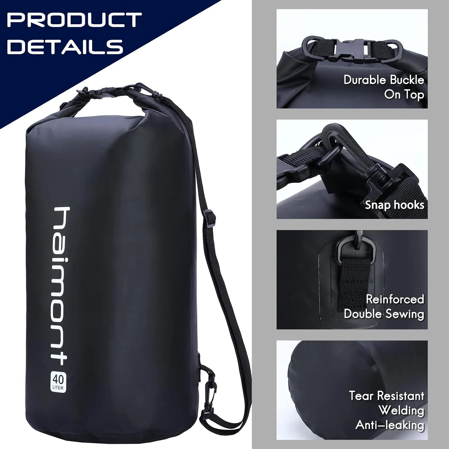 Haimont Waterproof Dry Bag Floating Dry Sack Roll Top Drybag Backpack for Kayaking, Rafting, Boating, Fishing with IPX8 Waterproof Phone Case, Black, 40L